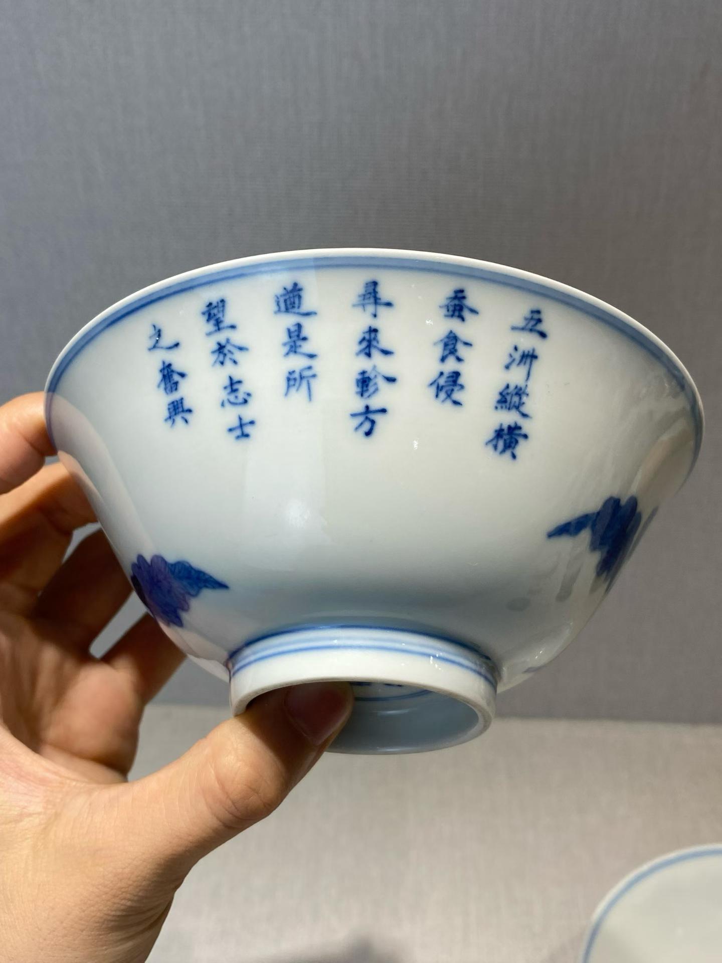 青花蚕食诗文图碗一对