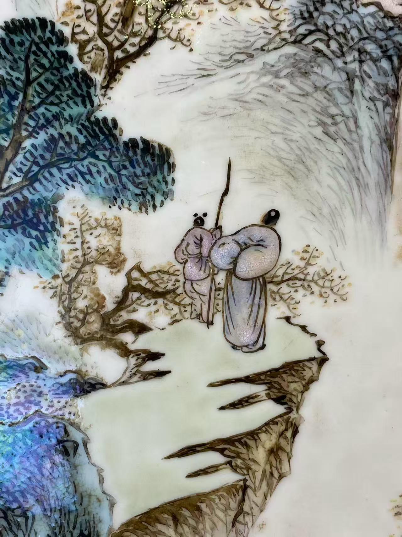 粉彩山水人物诗文瓷板画