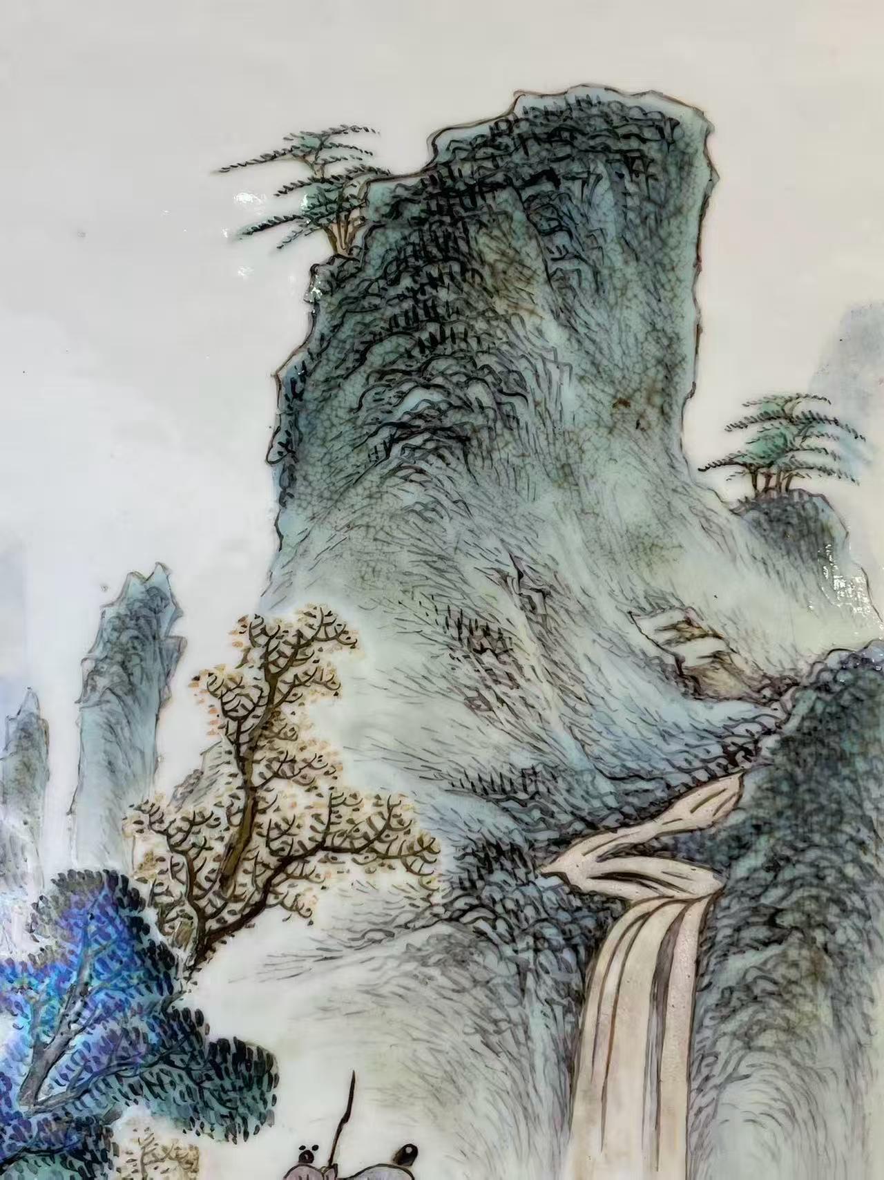 粉彩山水人物诗文瓷板画