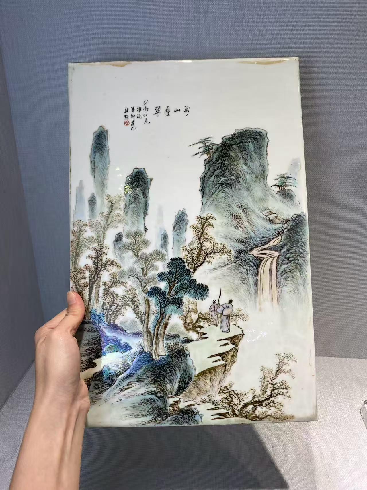 粉彩山水人物诗文瓷板画
