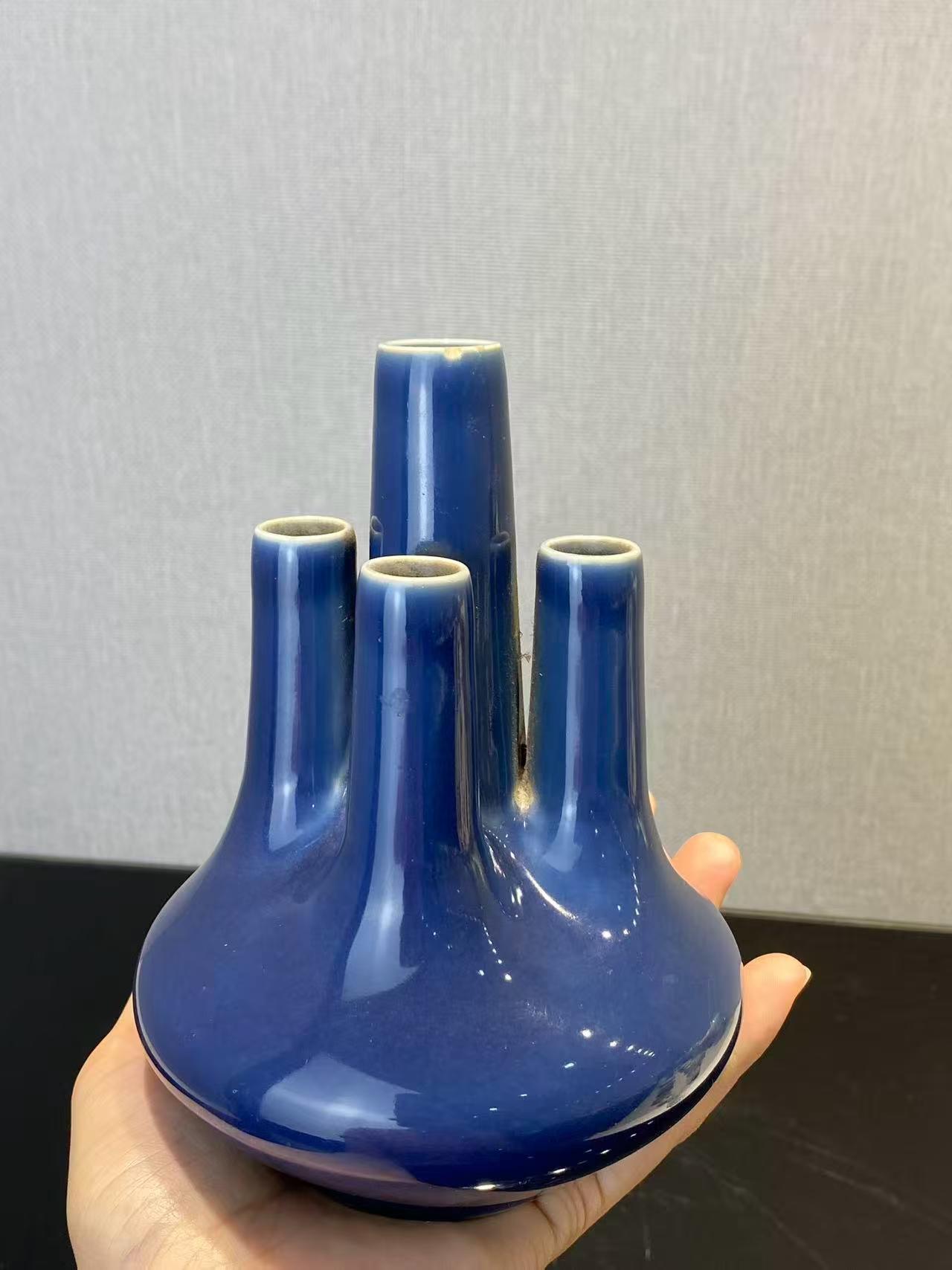 霁蓝釉五管花插