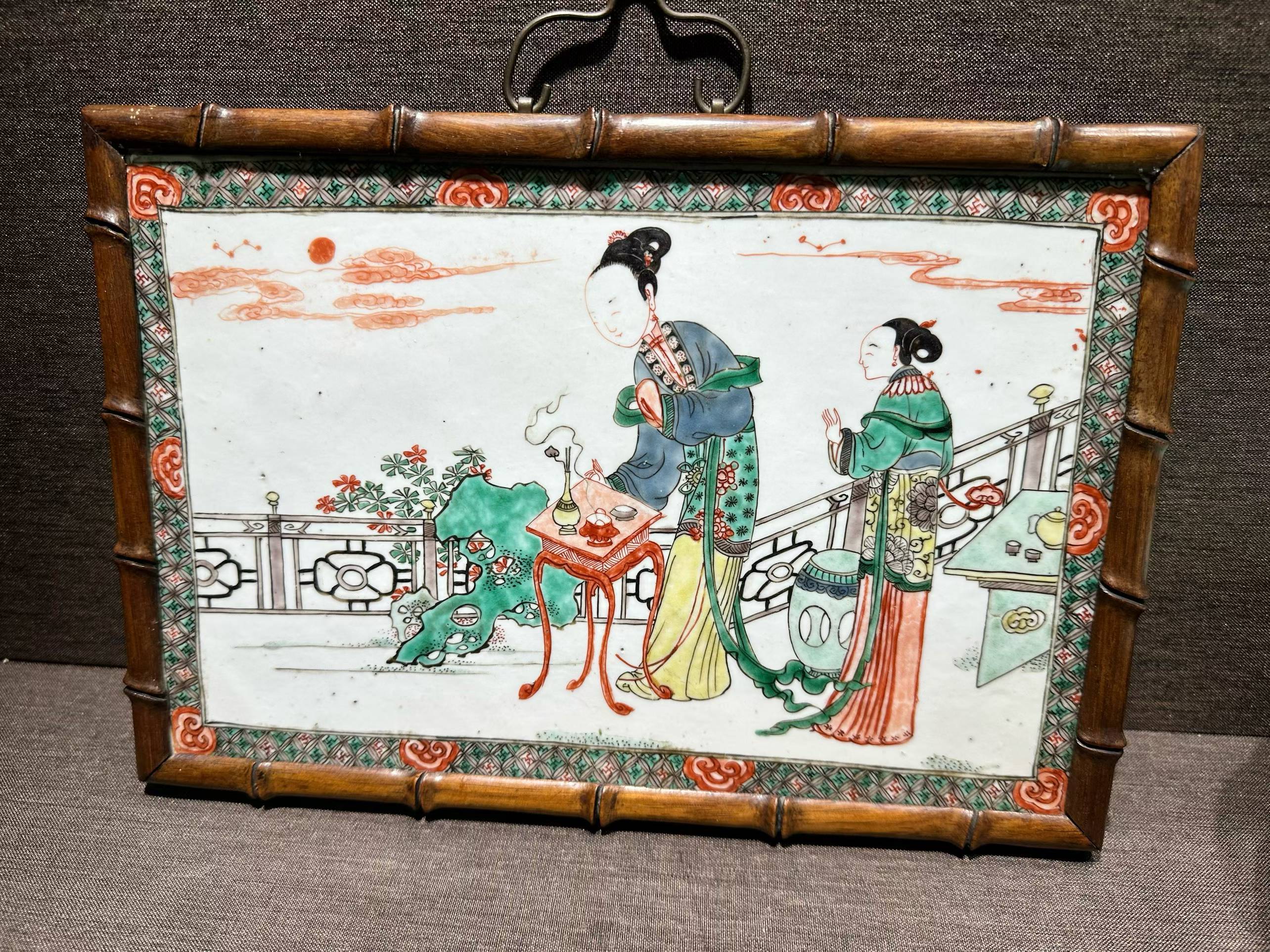 五彩庭院仕女图瓷板