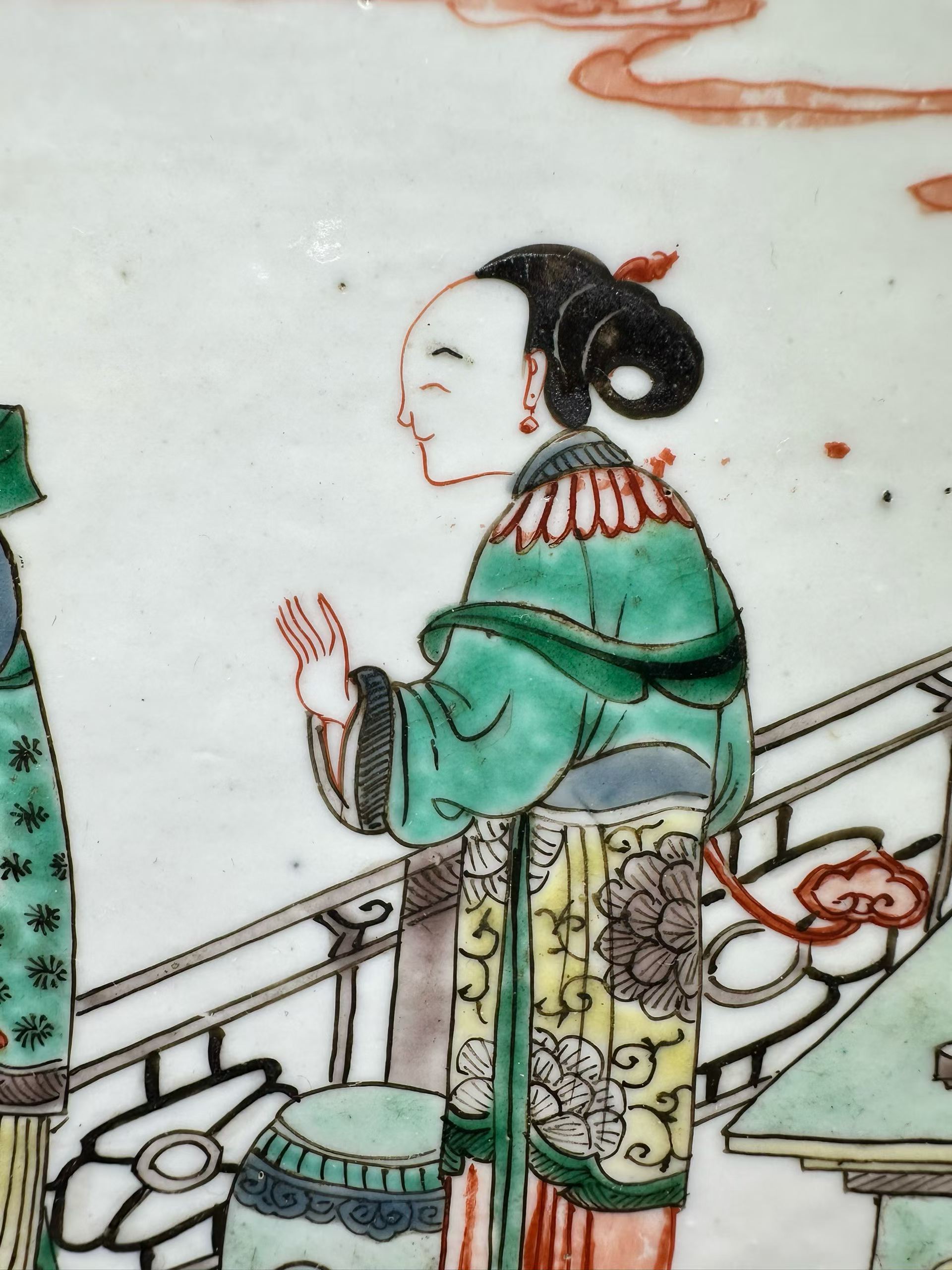 五彩庭院仕女图瓷板