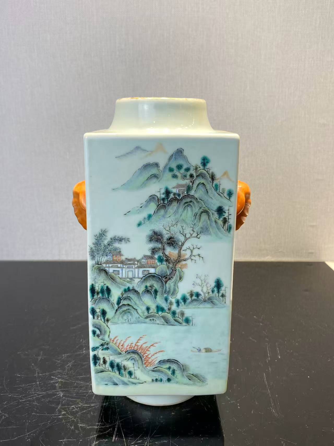 粉彩山水人物象耳琮式瓶
