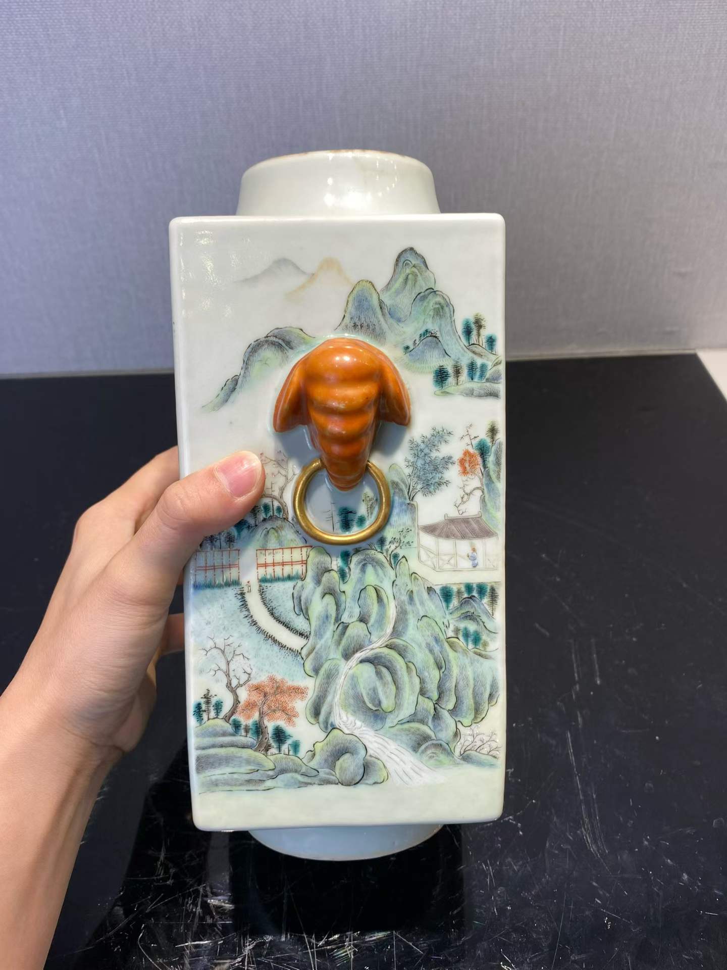 粉彩山水人物象耳琮式瓶