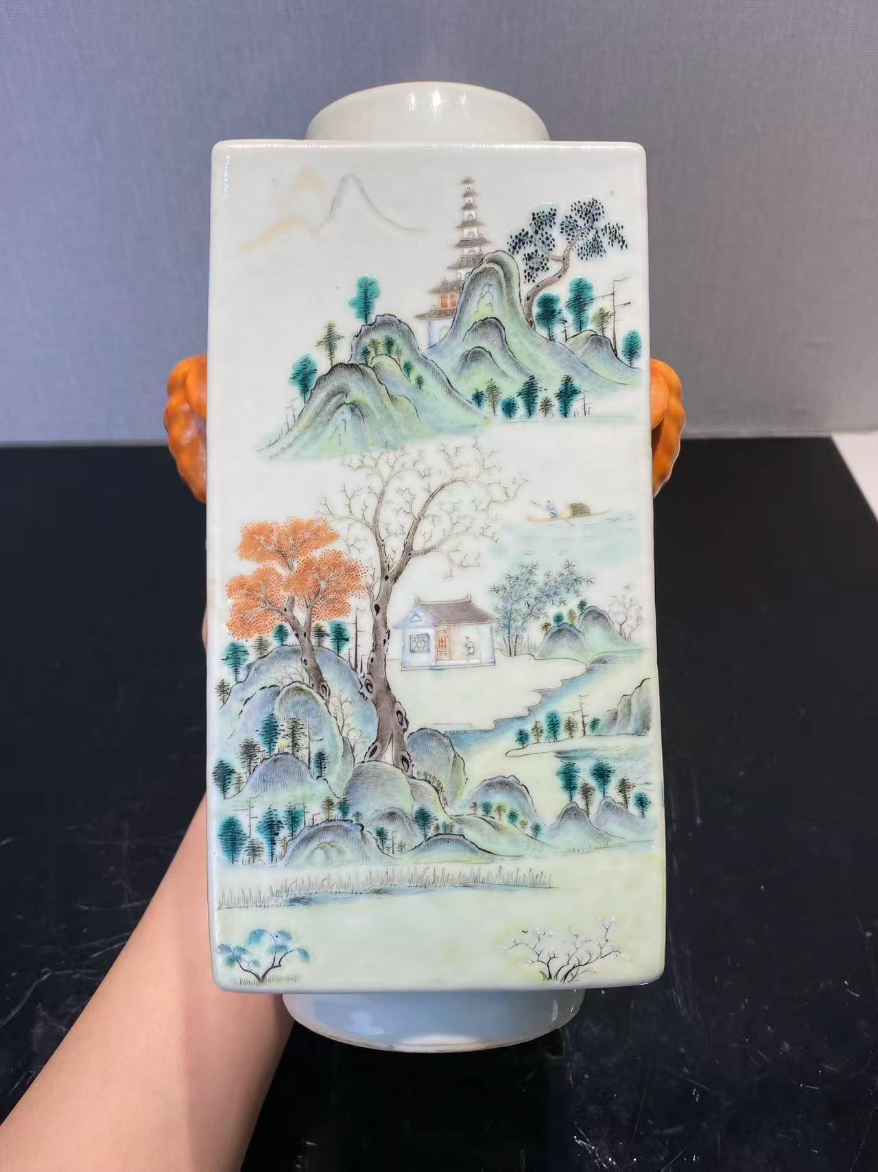 粉彩山水人物象耳琮式瓶
