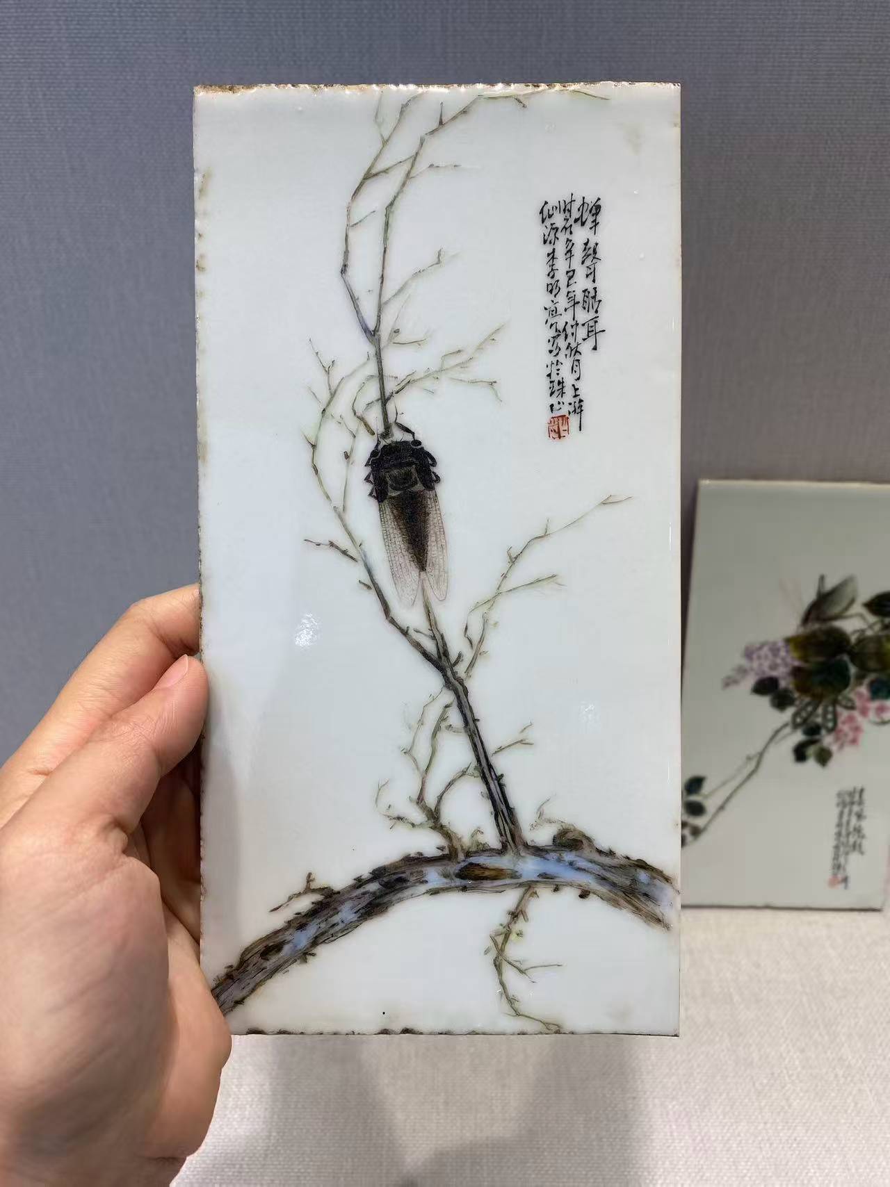 粉彩花虫纹小瓷板四块