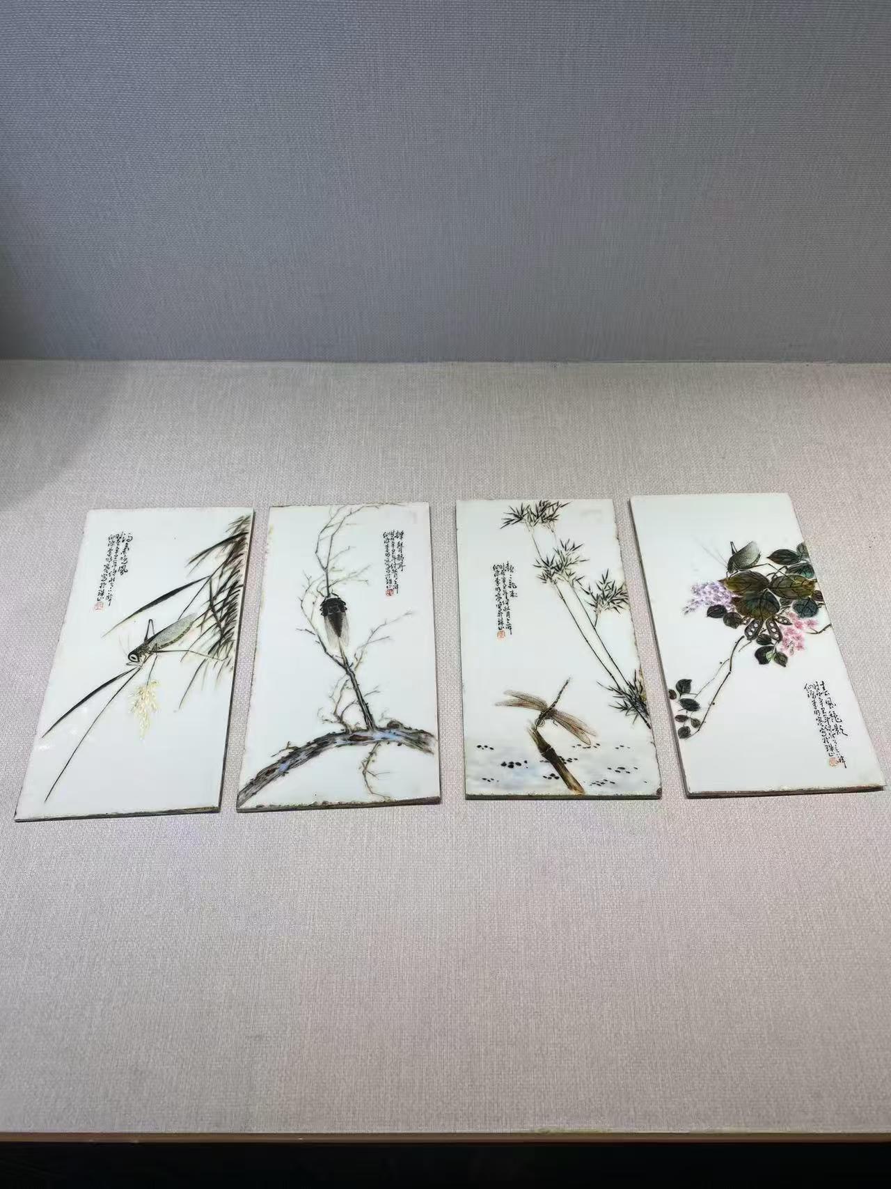 粉彩花虫纹小瓷板四块